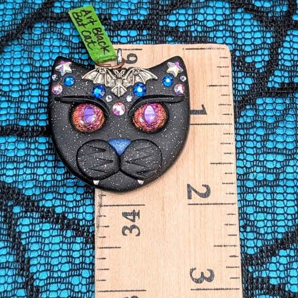 Artisan Polymer Clay- Large Detailed Sugar Skull Cat/Day of the Dead Pendant - Picture 4 of 4